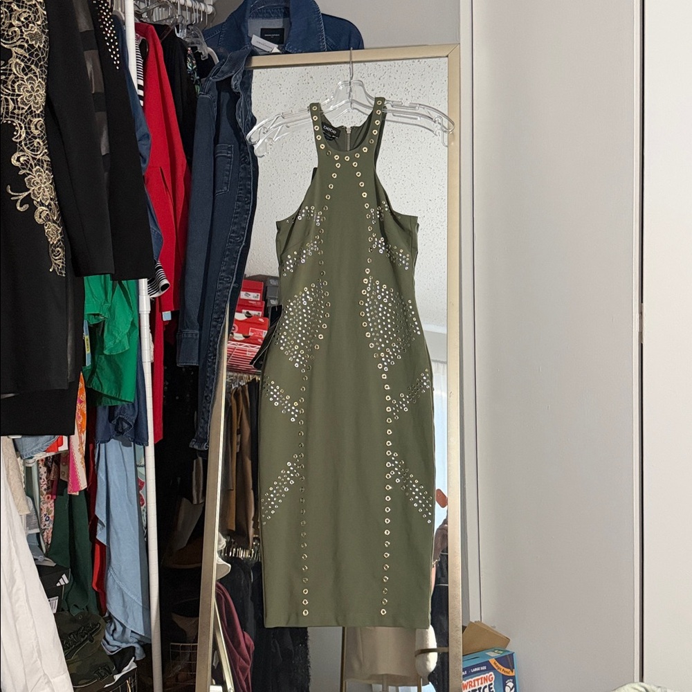 Bebe Olive Strapless Dress with Silver Accents